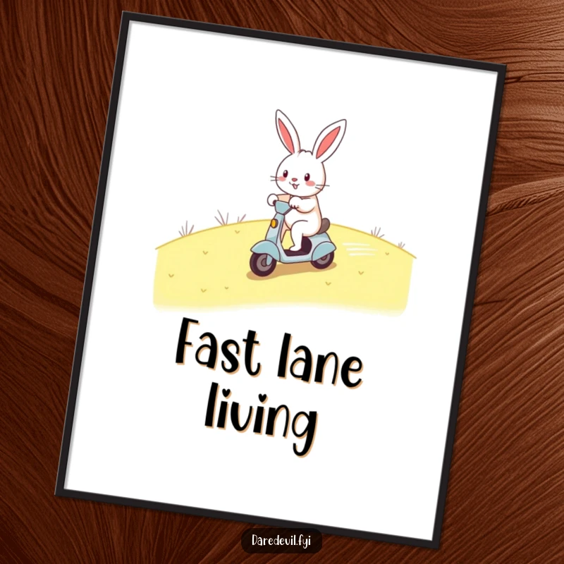Funny rabbit scooter poster, cheerful rabbit zooming down hill, fast wall decor, humorous and playful art print gift.