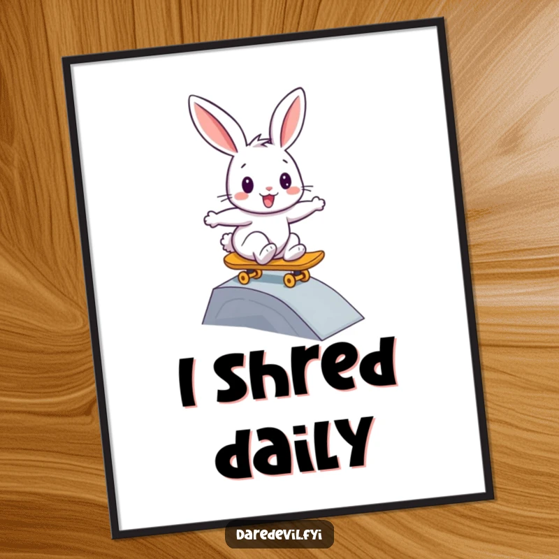 Funny rabbit poster, illustrating a bunny bravely skateboarding down a small ramp with a smile, for cool decor.