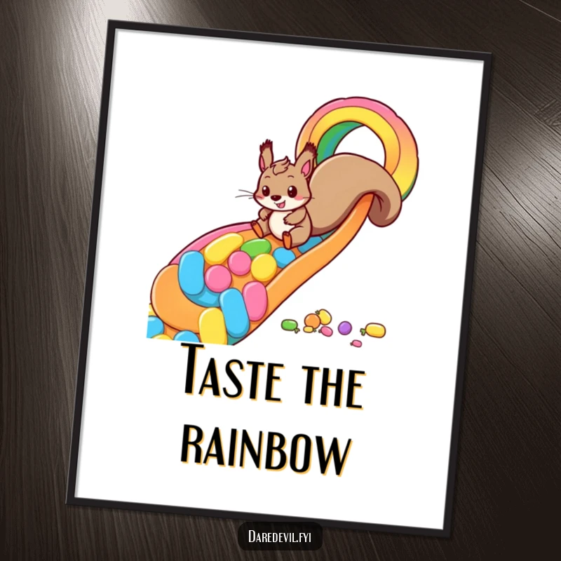 Funny squirrel candy slide poster showing a playful squirrel zooming down a vibrant rainbow slide made of candy, embodying pure fun and sweetness.