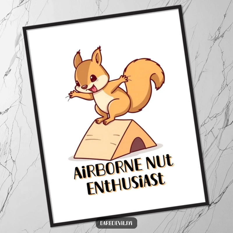 Funny squirrel poster showcasing an energetic squirrel performing an impressive flip off a mini ramp, perfect wall art.