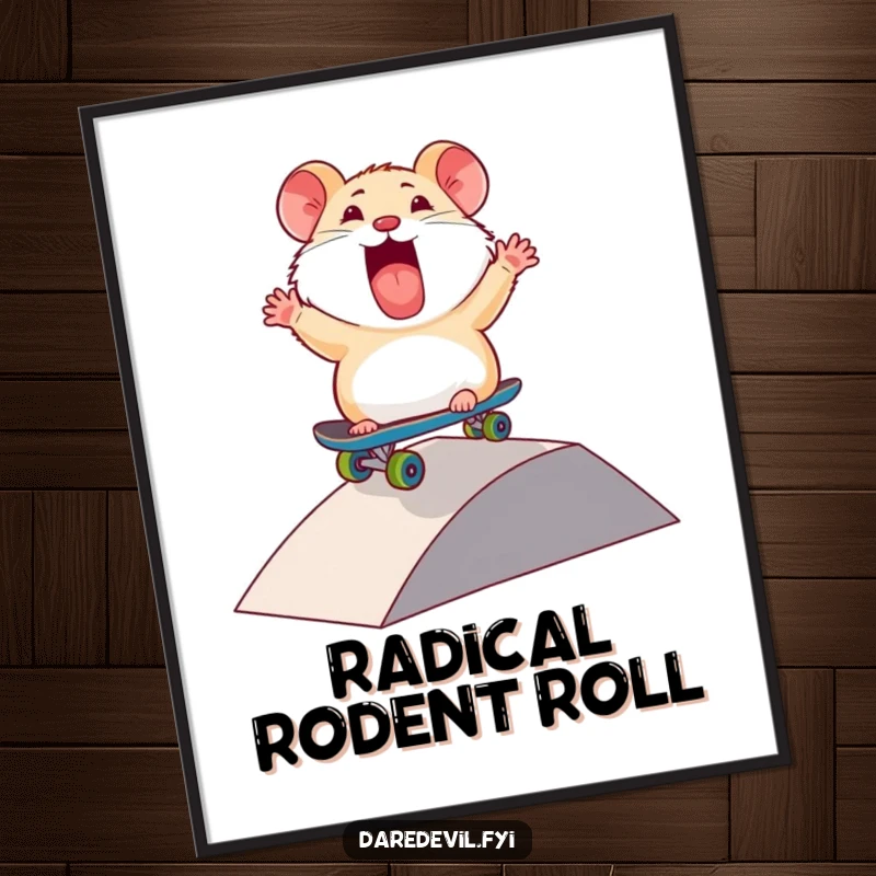 Funny Hamster Poster: A thrilled hamster character is captured mid-ride, speeding down a small ramp on a mini skateboard with pure exhilaration.
