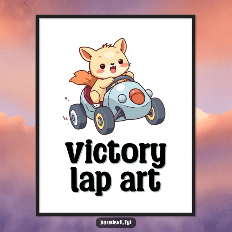Funny Wall Art Poster of a smiling animal character racing a miniature vehicle with gusto, adding a humorous and energetic element to decor.