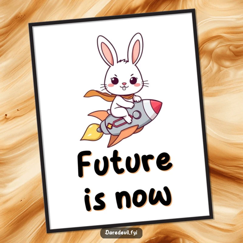 Funny poster showing a brave rabbit character riding a tiny rocket with a focused, determined grin, set against a starry background.