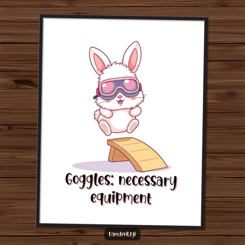 Funny poster art of a fluffy bunny with enormous goggles, captured mid-air as it leaps from a tiny ramp with pure joy.