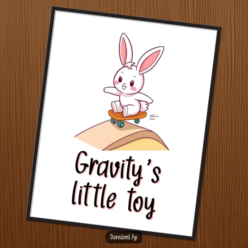 Funny bunny character executing a cool skateboard trick while zooming down a ramp, captured in a vibrant, humorous poster design for wall art.