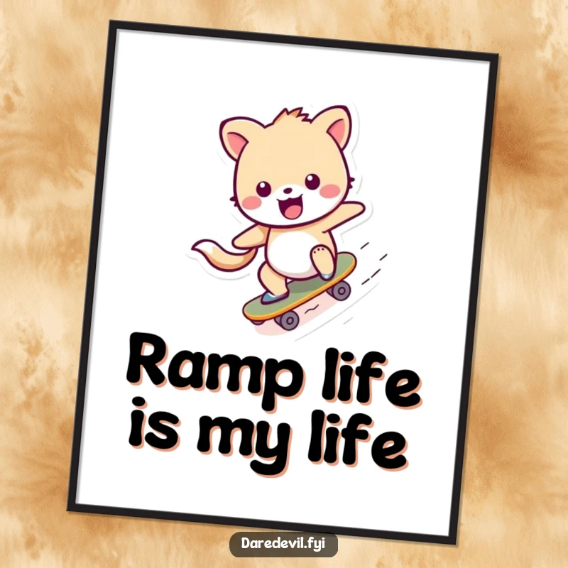 Funny Poster featuring a cheerful animal character skillfully skateboarding down a ramp, showcasing a dynamic and humorous action.