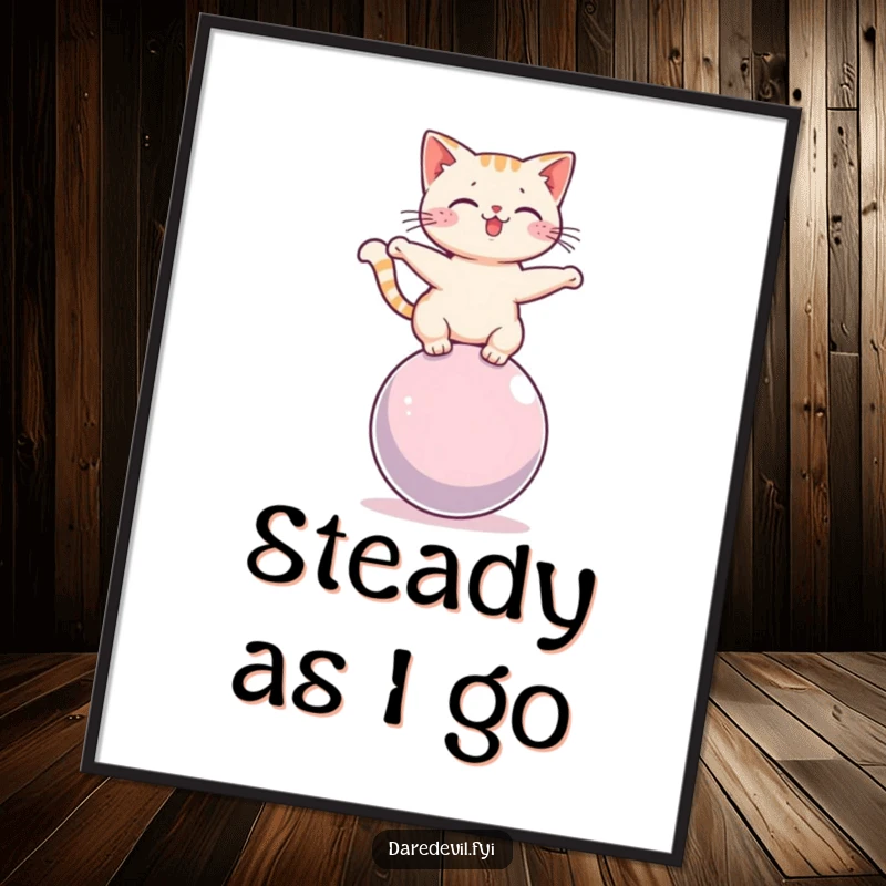 Funny cat precariously balancing on a rolling sphere, captured in a vibrant, high-resolution poster print for humorous decor.