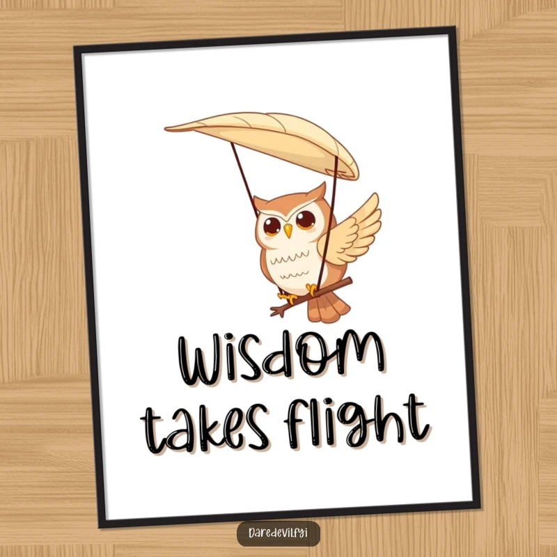 Funny poster print of a contented owl character peacefully paragliding using a large feather, adding serene whimsical charm to any room.