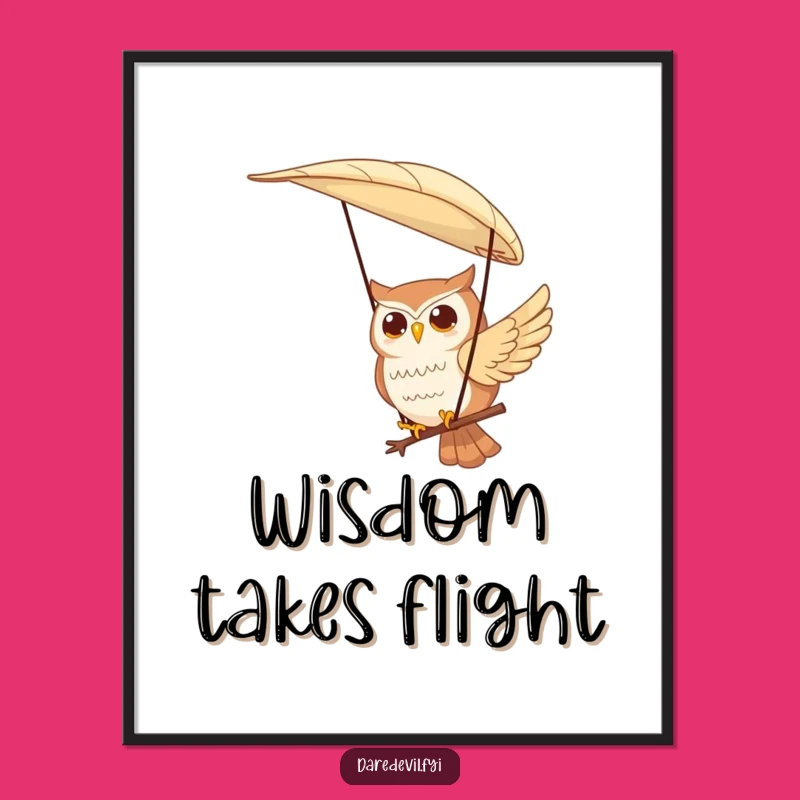 Funny Owl Art Poster: Contented Character Paragliding Feather, Quirky Funny Gift