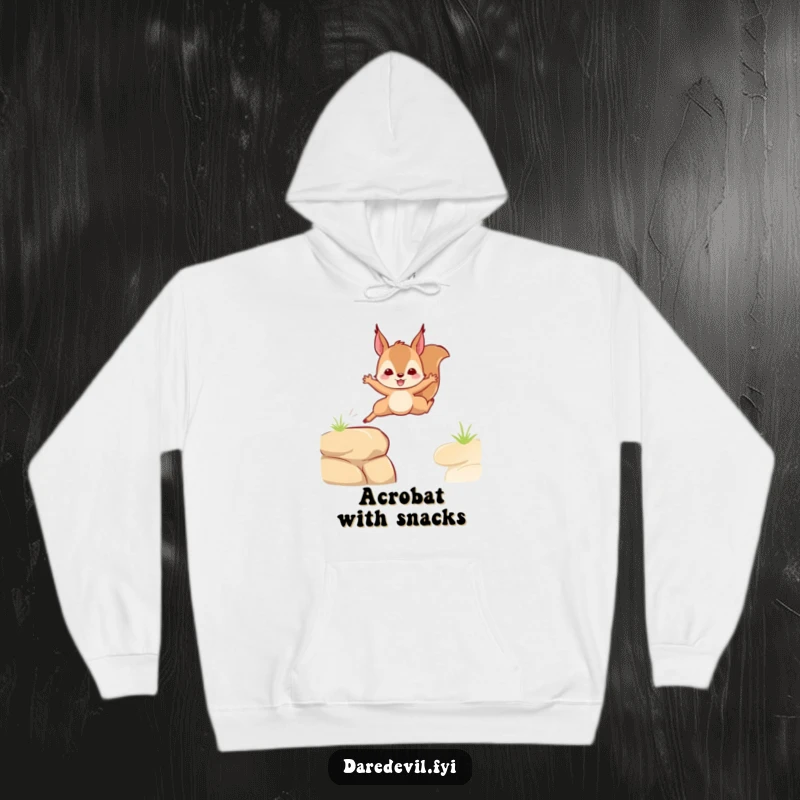 Funny hoodie depicting a squirrel mid-leap, conveying determination and adventurous spirit with humor.