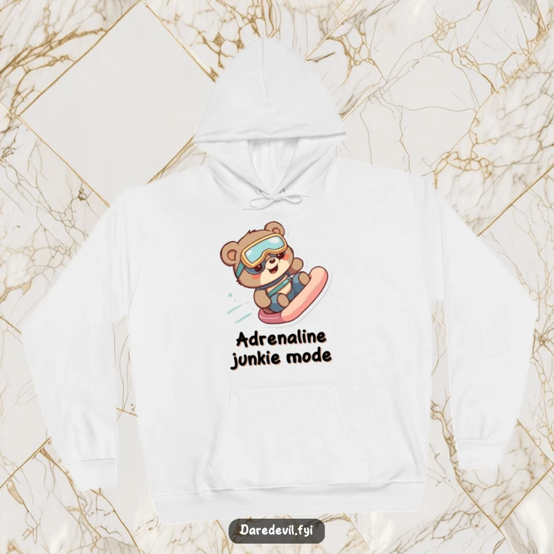 Funny bear in goggles speeding down a slide, creating a sense of adventure on a funny hoodie.