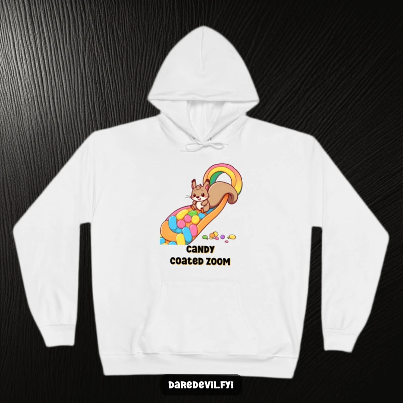 Funny squirrel candy slide hoodie showing a playful squirrel zooming down a rainbow made of candy, perfect for fans of sweet adventures and humor.