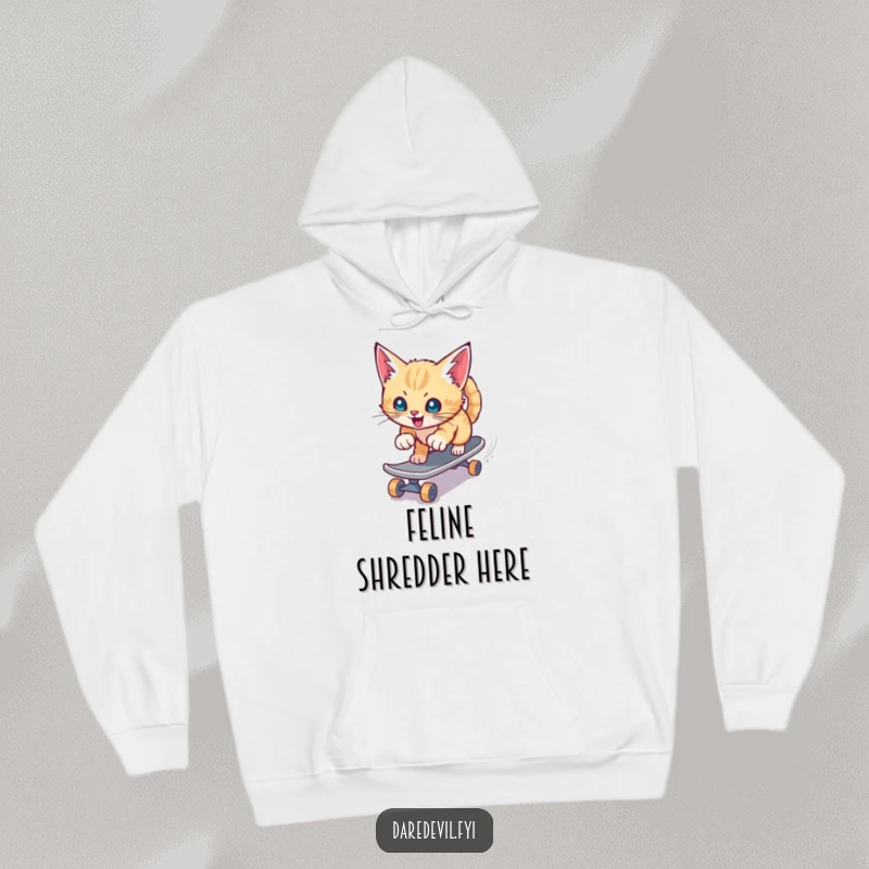 Funny hoodie displaying a playful kitten aggressively shredding down a slide on a miniature skateboard, radiating speed and fun.