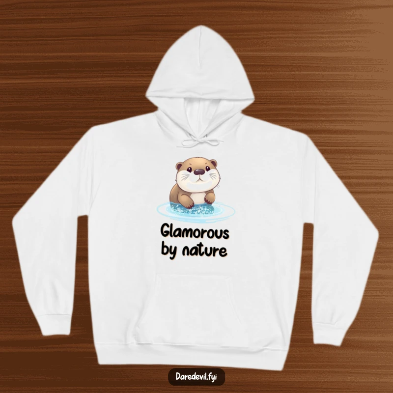 Funny otter glitter hoodie: an otter diving headfirst into a pool of shimmering glitter, cozy and fun.