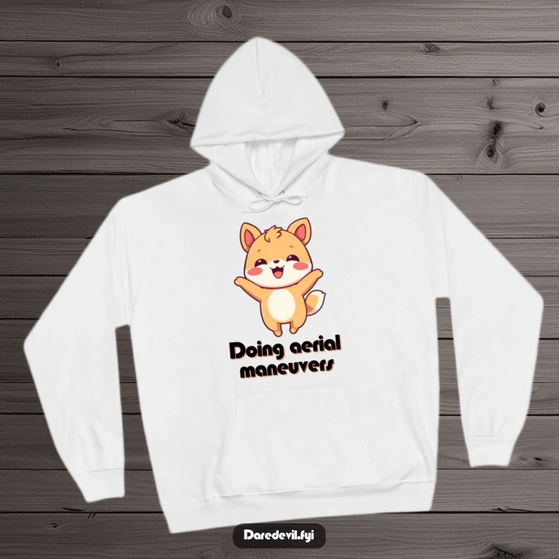 Funny Hoodie illustrating a smiling animal character performing an energetic and playful flip in the air, radiating happiness.