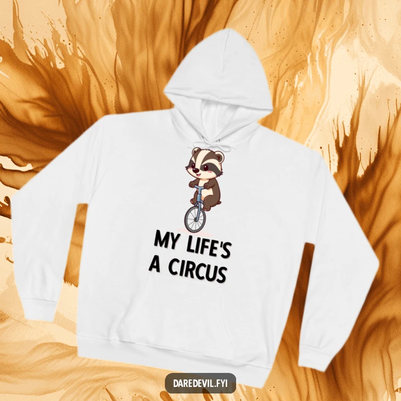 Funny badger gripping a unicycle handlebar, focused on staying upright, radiating courage and humor in a cozy hoodie, a great funny gift.