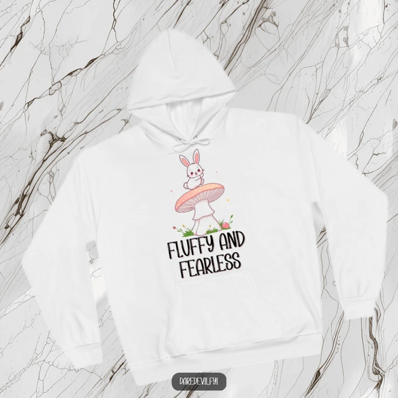 Funny bunny mushroom hoodie showing a fluffy bunny bravely leaping over a giant, sparkly mushroom, perfect for fans of fantasy and lighthearted humor.