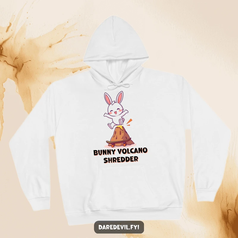 Funny bunny performing an incredible skateboard jump over a miniature volcano, radiating a spirit of excitement and fun.