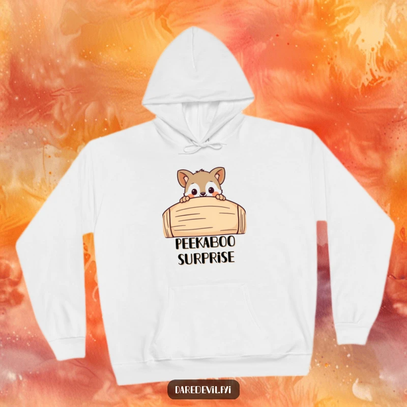 Funny Cozy Hoodie featuring a curious animal character peeking playfully over a large, fun obstacle, a perfect warm funny gift.