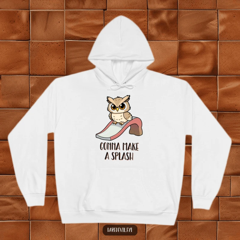 Funny hoodie depicting a determined owl character poised at the top of a slide, ready for an exhilarating zoom.