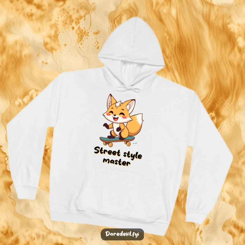 Funny fox in mid-air on a skateboard, huge smile, radiating pure excitement and a love for adventure, a hilarious funny gift.