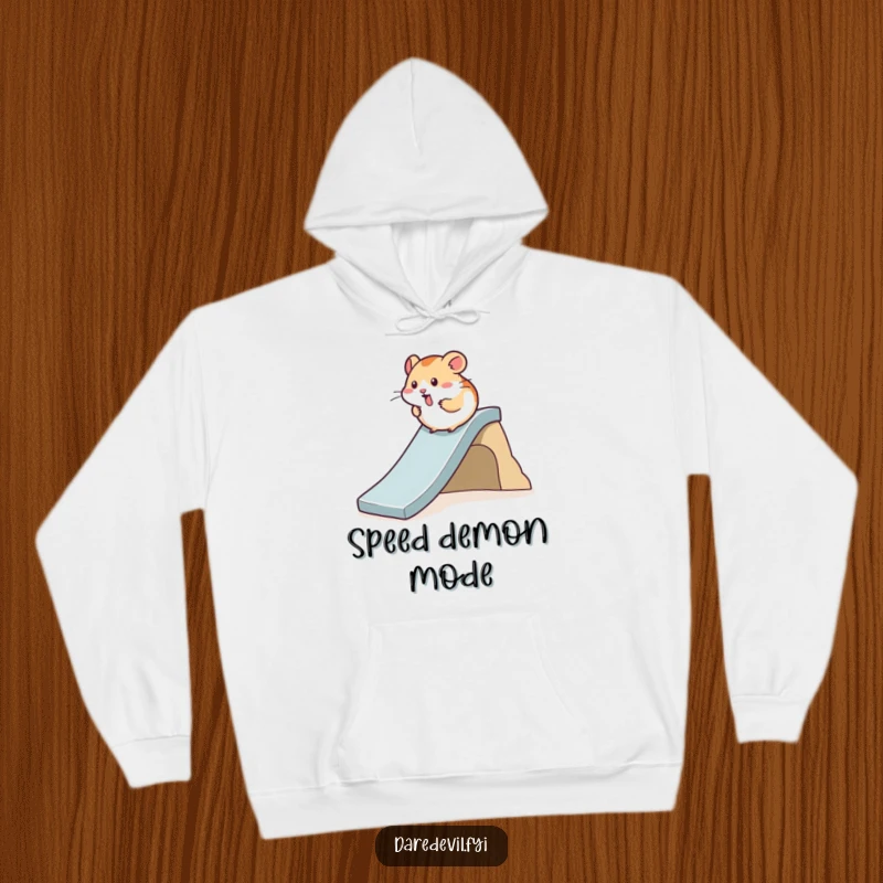 Funny Hamster Hoodie showcasing a hamster whizzing down a steep slide, symbolizing fun, speed, and cozy comfort.