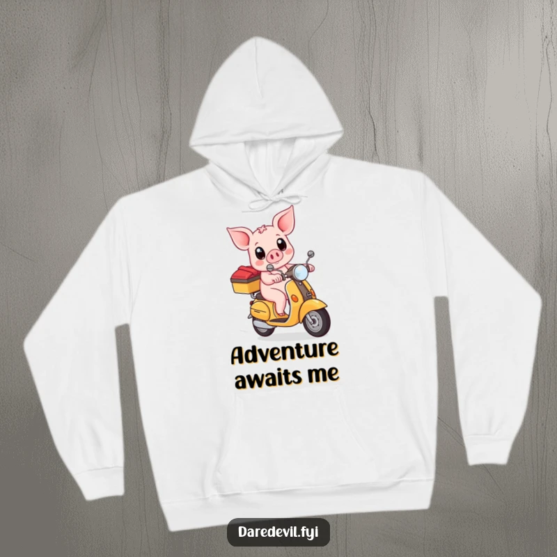 Funny piglet bravely riding a scooter with wide eyes, depicted on a soft, warm hoodie, ideal for cozy, humorous wear.