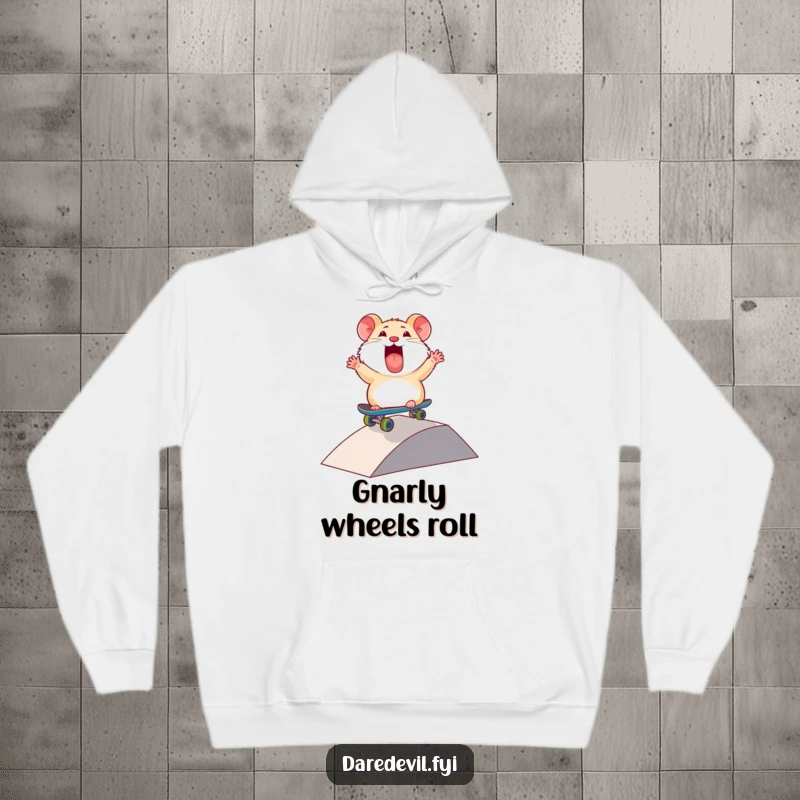 Funny Hamster Hoodie: A thrilled hamster character rides a mini skateboard down a ramp, offering cozy comfort with extreme fun.