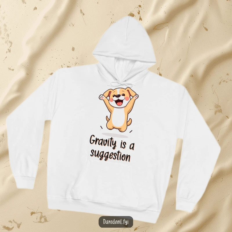 Funny Dog Hoodie showcasing an energetic dog performing a skillful flip in the air, symbolizing fun and athleticism.