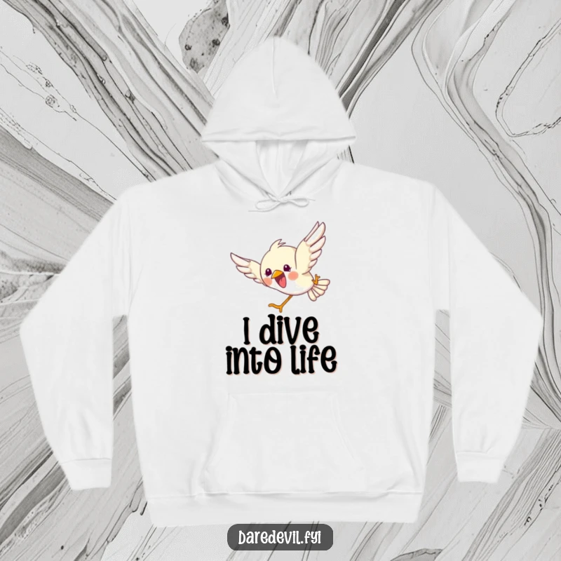 Funny hoodie with a bird in a joyful, headfirst dive, capturing the essence of carefree abandon and exhilarating freedom.