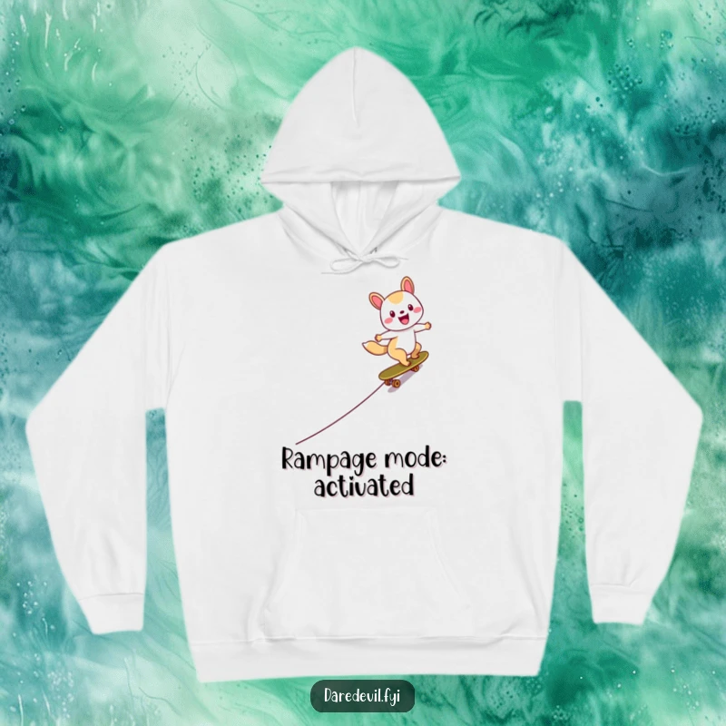 Funny Skater Animal Hoodie featuring a happy character skateboarding at high speed down a ramp, perfect for cozy, adventurous vibes.