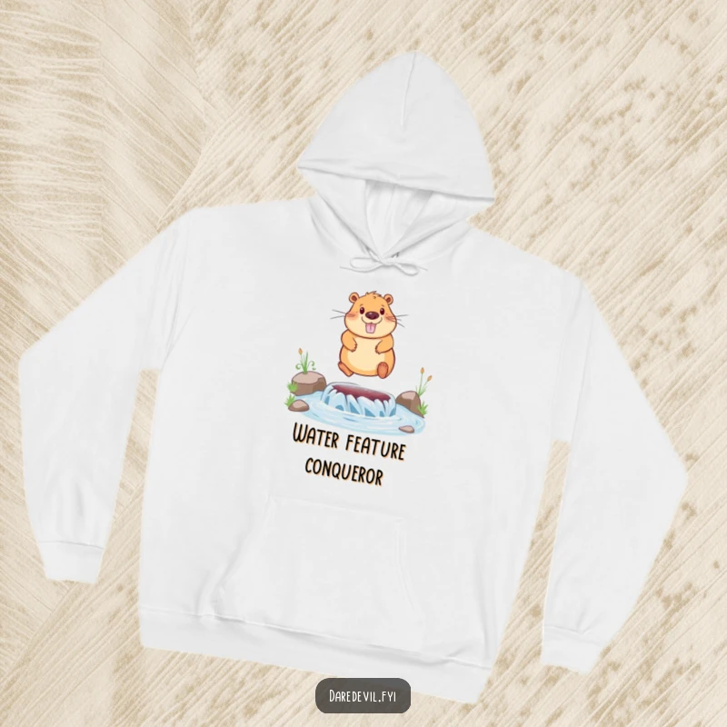 Funny hoodie illustration of a happy capybara bravely leaping over a small river, perfect for cozy, humorous wear.
