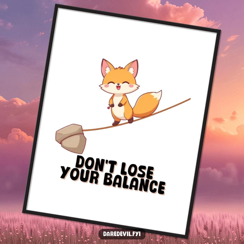 Funny Free Printable Wall Art: Joyful fox character balancing precisely on a thin tightrope, humorous and daring downloadable decor.