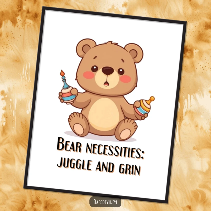 Funny Free Printable Wall Art: Bear cub comically attempting to juggle three spinning items, a scene of adorable effort.