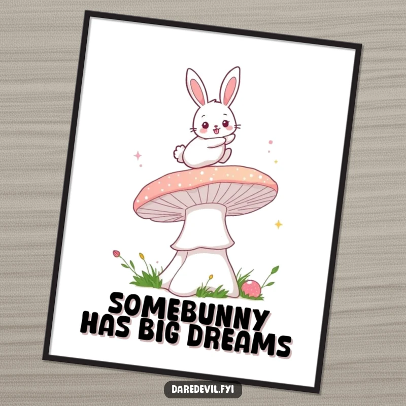 Funny Free Printable Bunny Wall Art depicting a fluffy bunny bravely leaping over a giant, dazzling, sparkly mushroom.