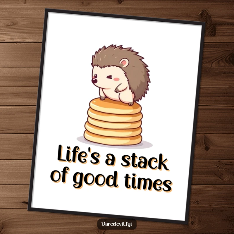 Funny Free Printable Wall Art: A tiny hedgehog masterfully balances on a precarious stack of pancakes, a true culinary daredevil!