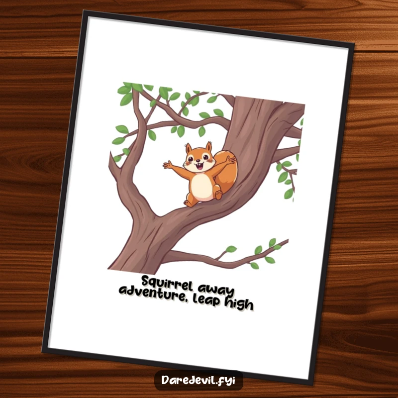 Funny Free Printable Wall Art: A brave squirrel leaps daringly from a high tree branch with arms outstretched.