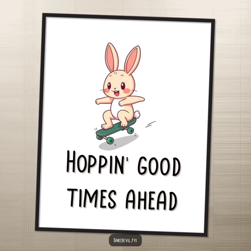 Funny Free Printable Wall Art: Happy bunny zooming down a ramp on a tiny skateboard, adding DIY cool.