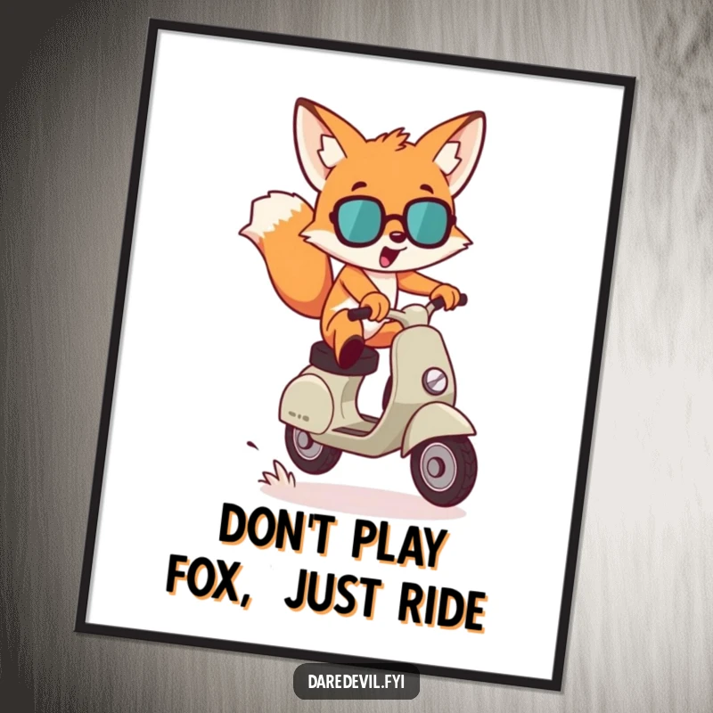 Funny Free Printable Wall Art: Mischievous fox dramatically leaping over a gap on a scooter, adding DIY thrill.