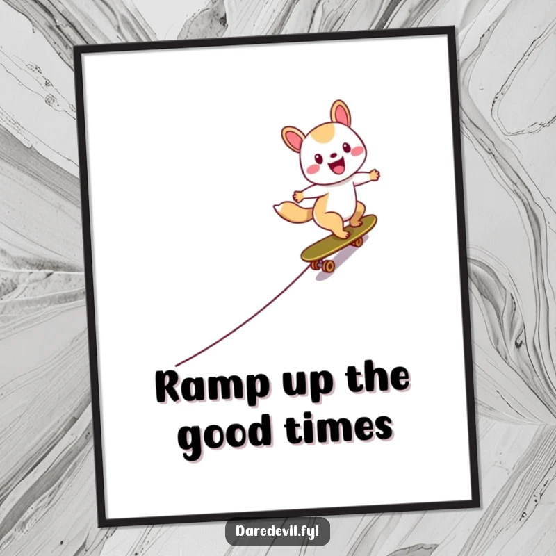 Funny free printable wall art showing a happy animal character zooming down a steep ramp on a skateboard.