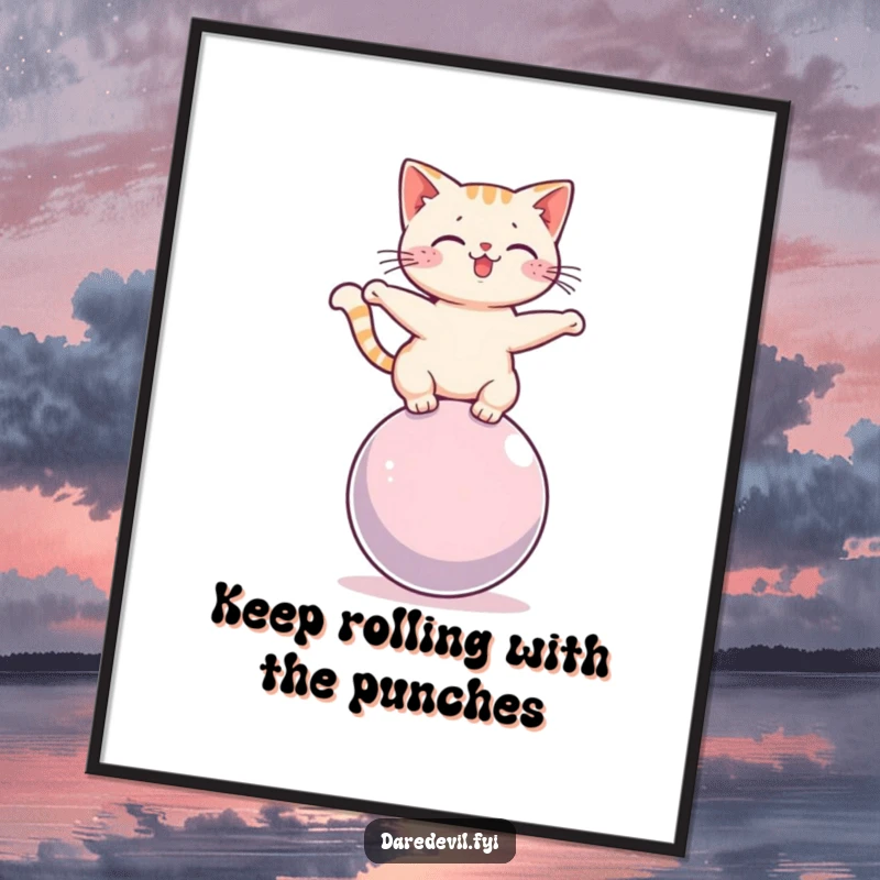 Funny free printable wall art: A cat masterfully balances on a rolling sphere, showcasing incredible equilibrium in this comical downloadable art piece.