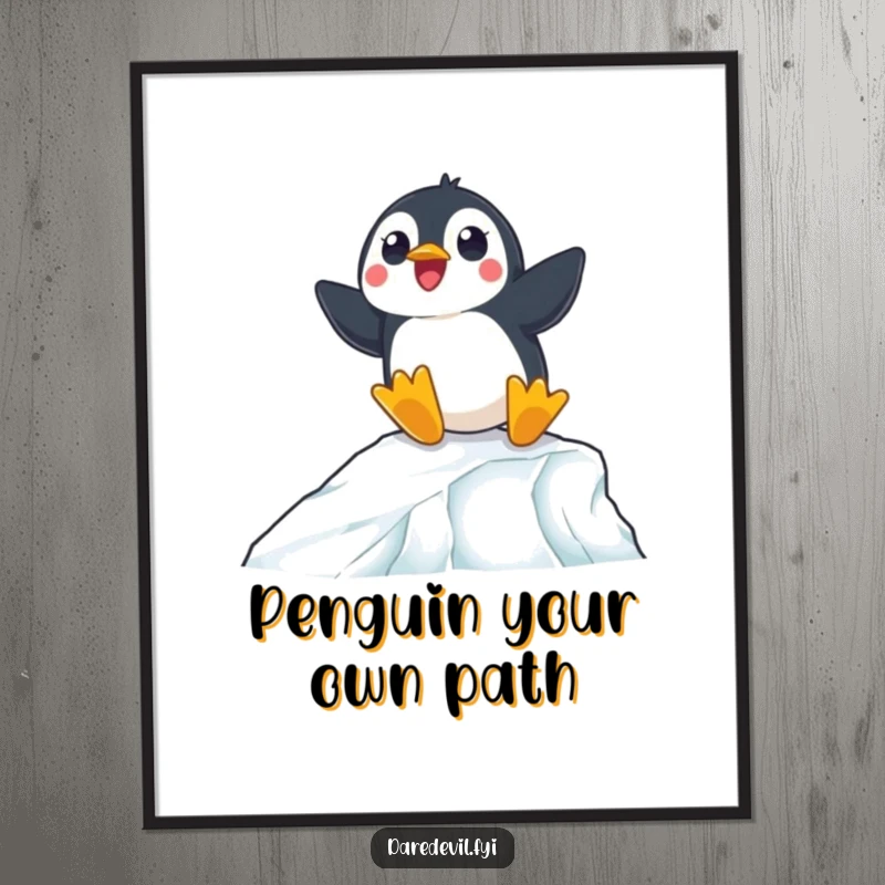 Funny free printable wall art depicting a surprised penguin skillfully navigating a steep, slippery icy ramp.