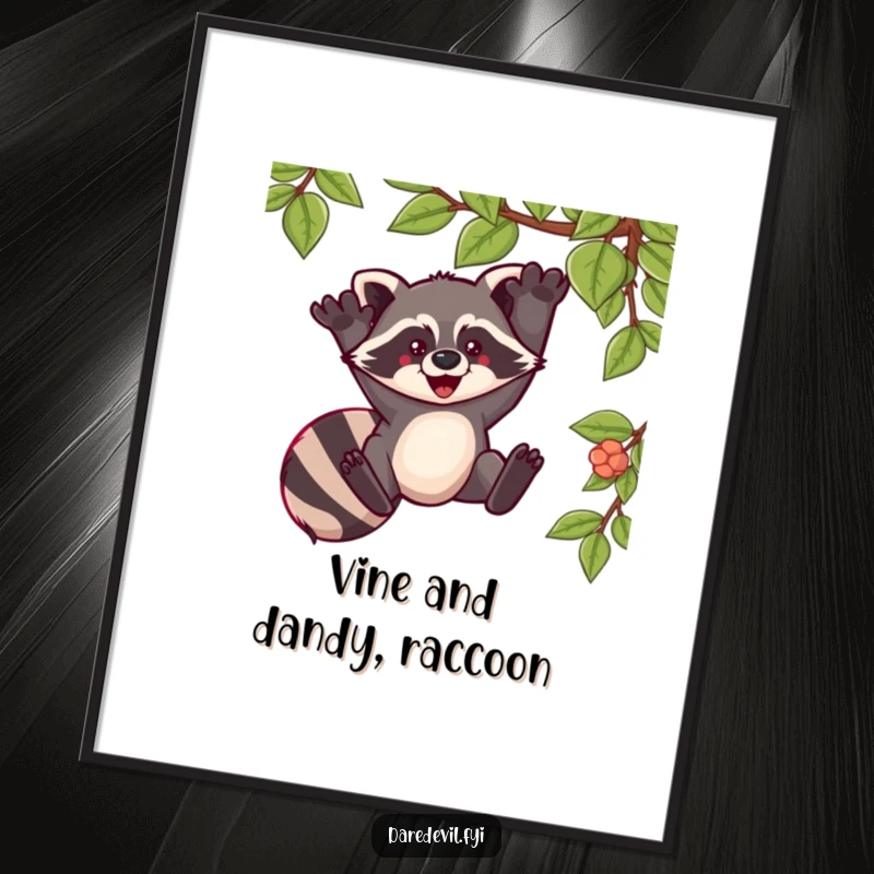Funny free printable wall art of a raccoon swinging with pure exhilaration from a lush green vine.