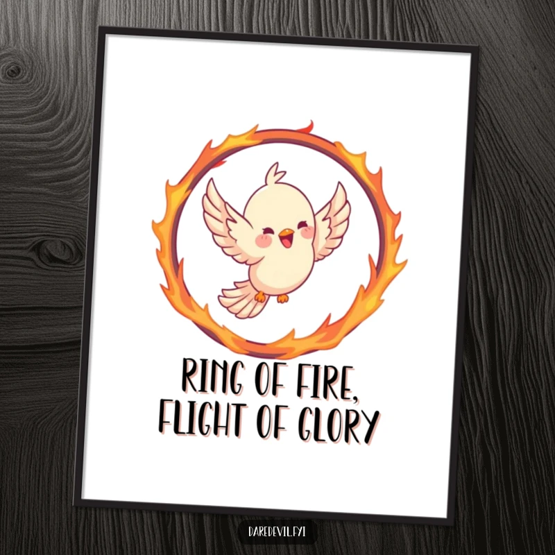 Funny Free Printable Wall Art: Joyful bird soaring through a hoop shaped like a fiery ring, a dynamic and humorous piece.