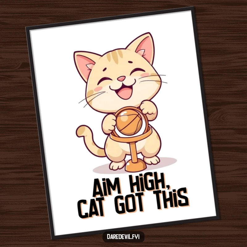 Funny Free Printable Wall Art: A grinning cat aiming a ball towards a tiny hoop, full of playful focus. Unique decor.