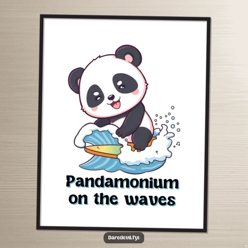 Funny Free Printable Wall Art: A smiling panda expertly surfing a small, crashing wave. Relaxed and fun artwork for any room.