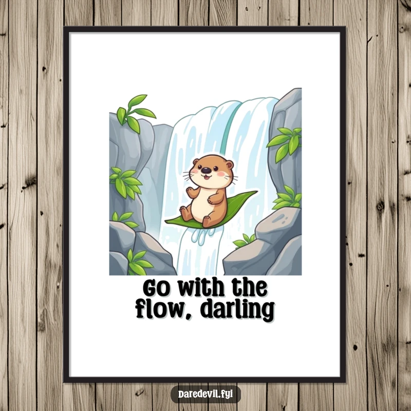 Funny Free Printable Wall Art: A playful otter joyfully slides down a giant waterfall on a leaf, embodying thrilling, aquatic humor.