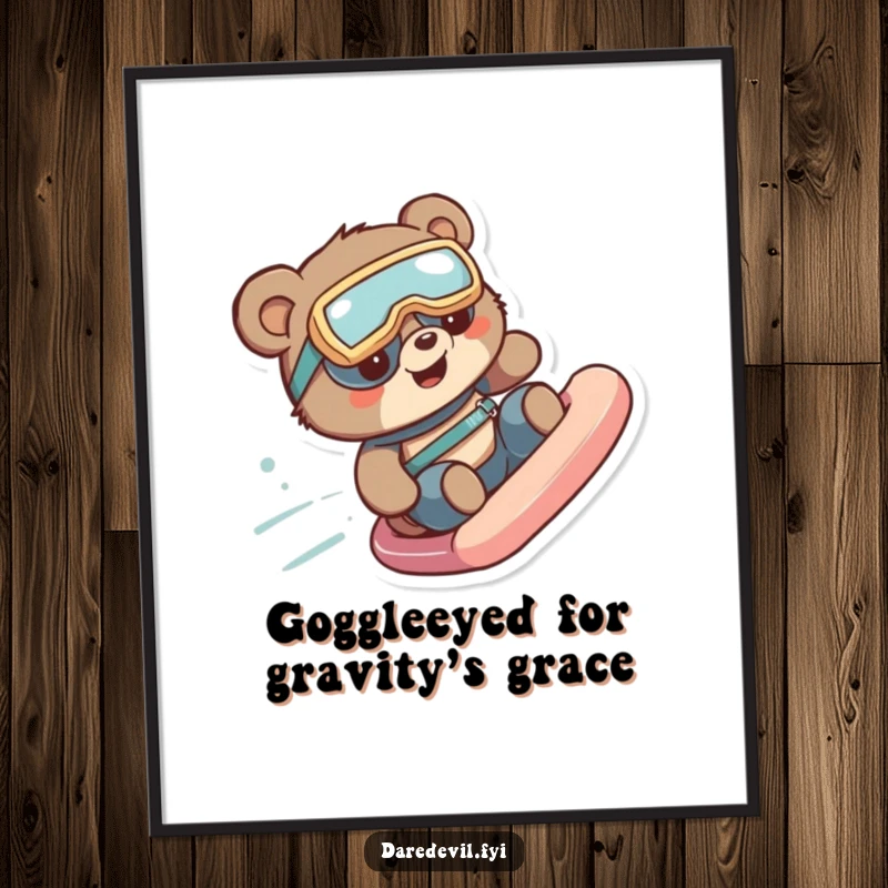 Funny Free Printable Wall Art: Curious bear in goggles having fun on a slide, perfect downloadable art.