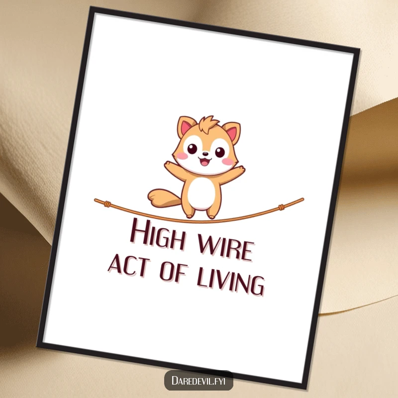 Funny free printable wall art: A confident animal character balances precariously on a tightrope with a huge, happy smile.