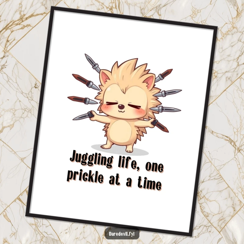 Funny Free Printable Wall Art: Sleepy hedgehog with closed eyes juggles sharp objects, humorous downloadable art.
